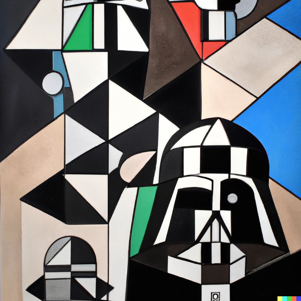 Prompt: cubist painting by picasso of darth vader and stormtroopers