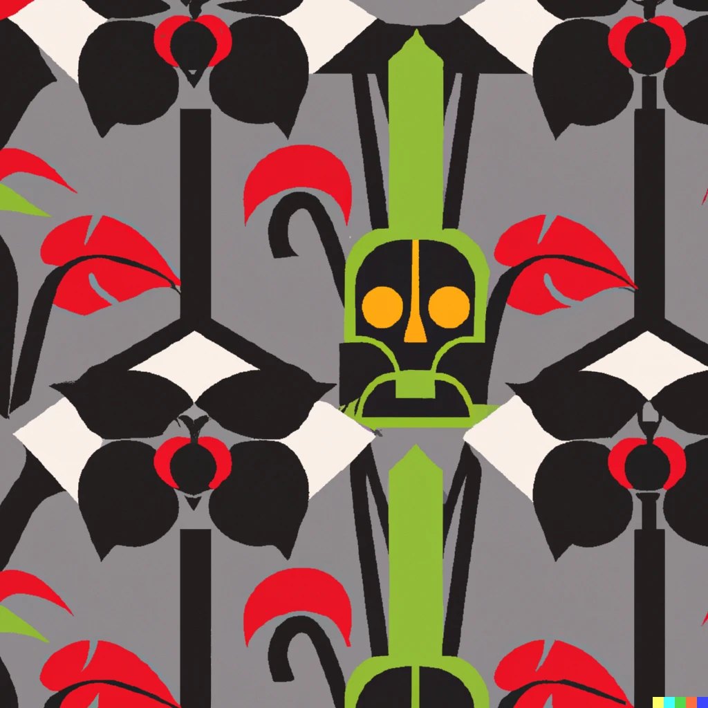 Prompt: bauhaus fabric pattern with the themes of darth vader and anthuriums