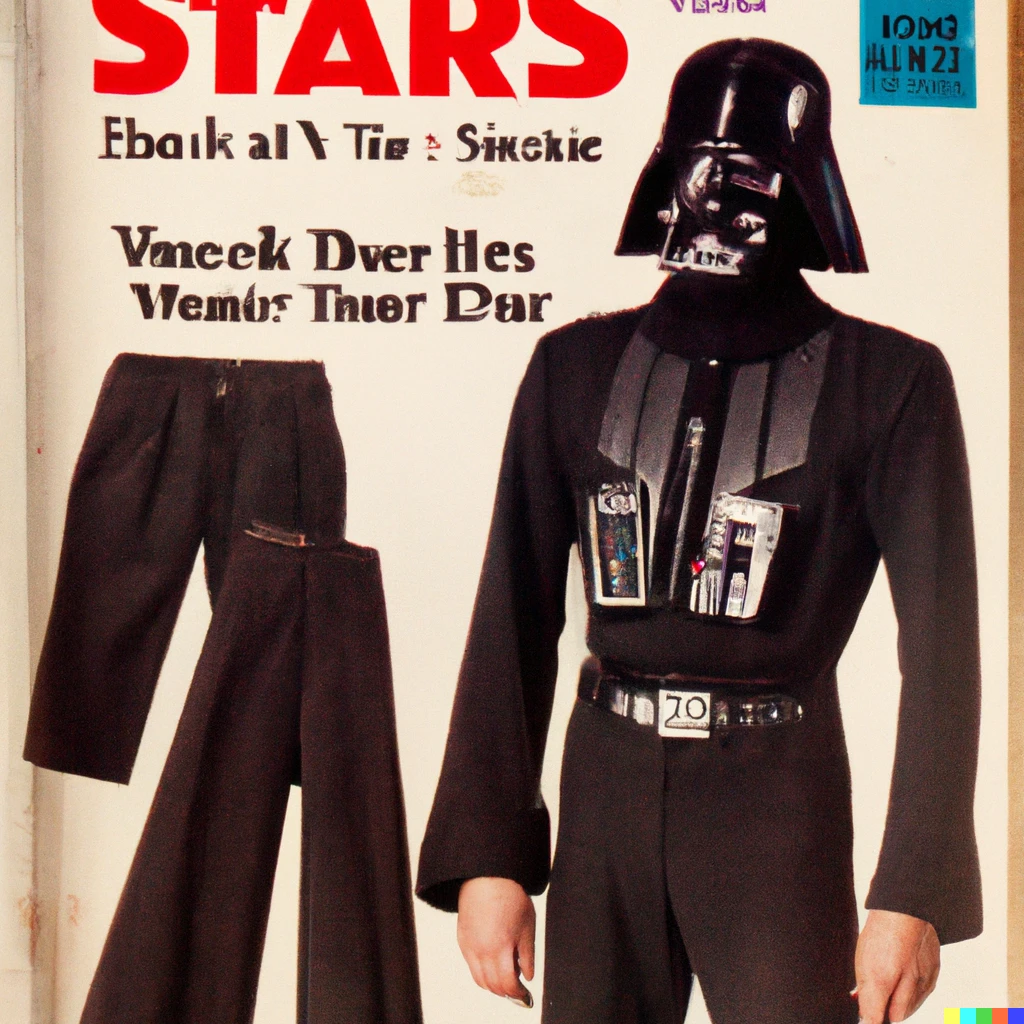 Prompt: photo of a 1978 Sears catalog with Darth Vader men’s fashion