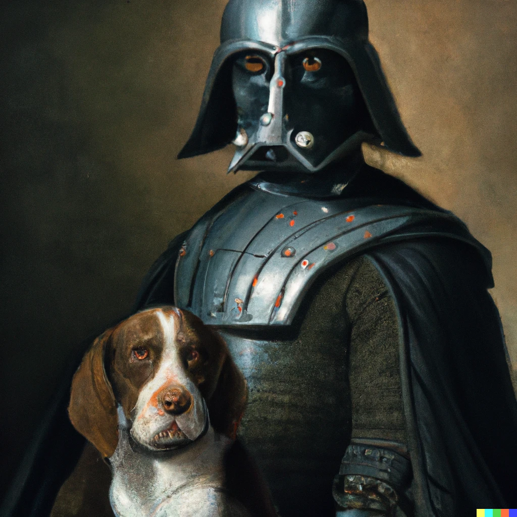 Prompt: renaissance portrait painting of darth vader and his robot hound