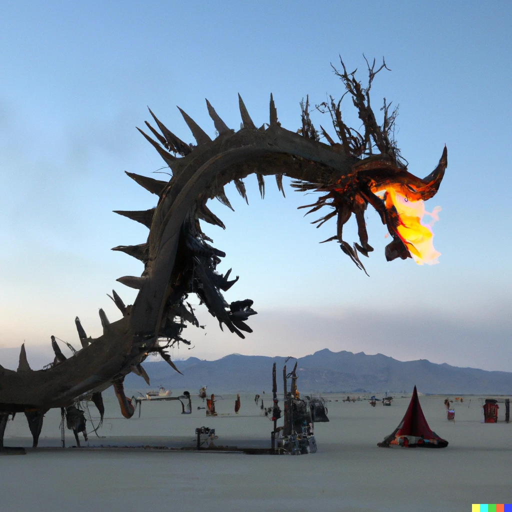Prompt: a quarth game of thrones themed camp at burning man, with dragon sculptures breathing fire