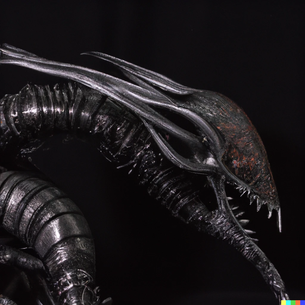 Prompt: photo of a black h.r. giger xenomorph alien themed alebrije on a black background