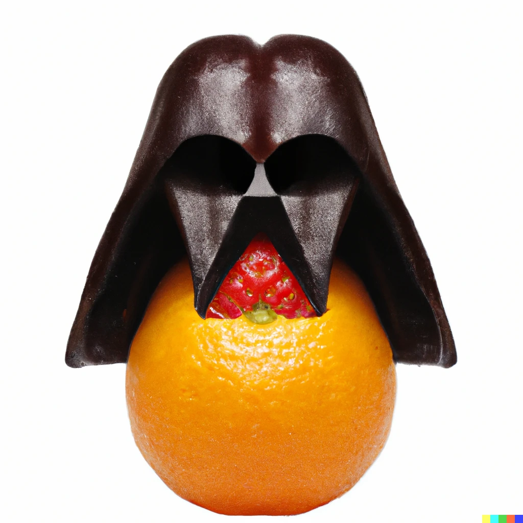 Prompt: photo of darth vader made from fruit