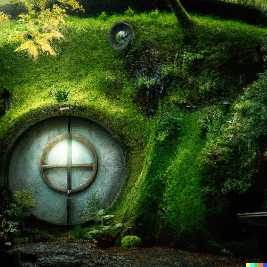 Prompt: photo of a japanese Hobbit dojo with a round door built into a mossy hillside in Japan with kodama forest spirits gathering outside