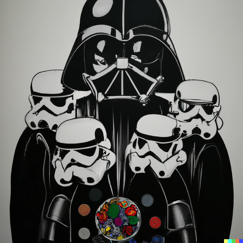 Prompt: painting by takashi murakami of darth vader and stormtroopers