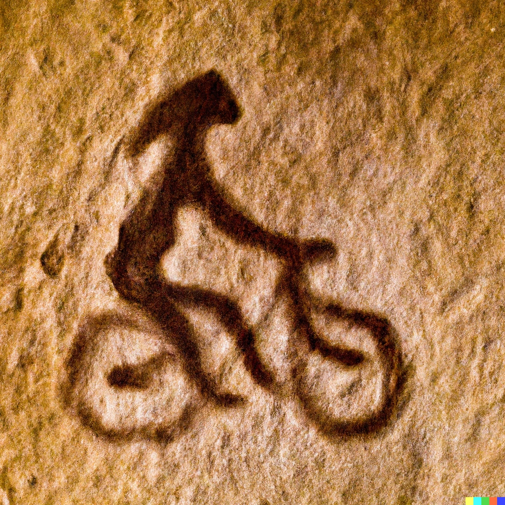 Prompt: a photo of a prehistoric cave painting of a man riding a motorcycle