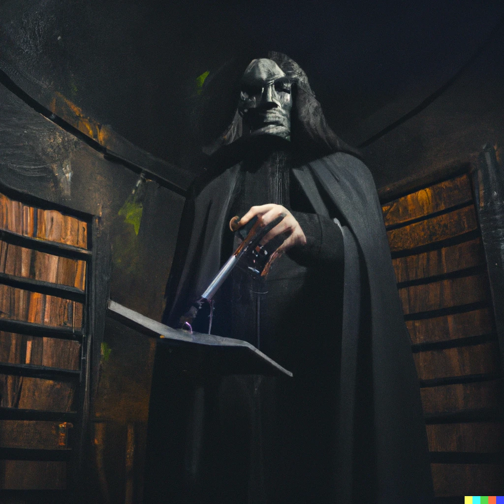 Prompt: photo of a darth vader as professor snape in the hogwarts dungeon