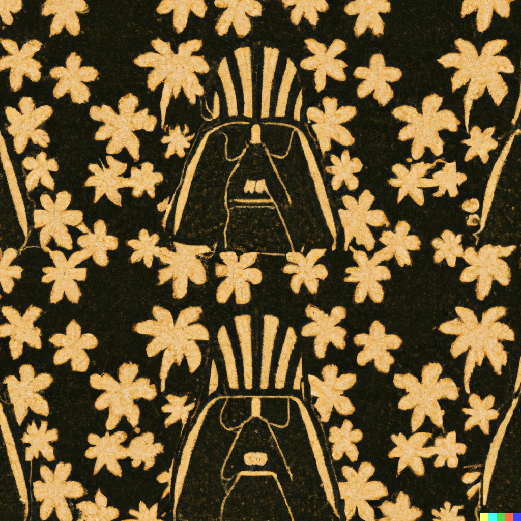 Prompt: hawaiian fabric pattern by klimt with the theme of darth vader