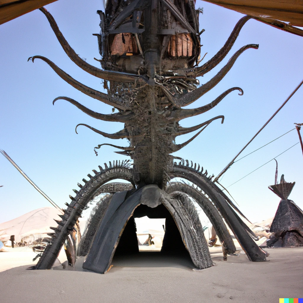 Prompt: a color photo of h.r. giger xenomorph themed camp at burning man
