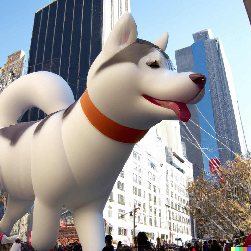 Prompt: a color photo of skyscraper-sized white piebald siberian husky inflated balloon float in the macy's thanksgiving day parade