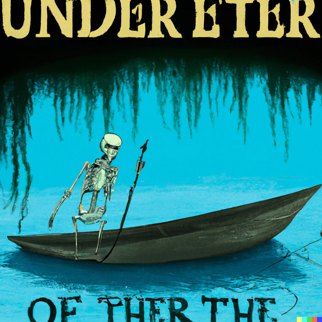 Prompt: vintage travel poster for the underworld  river styx with a robed skeleton guiding his boat