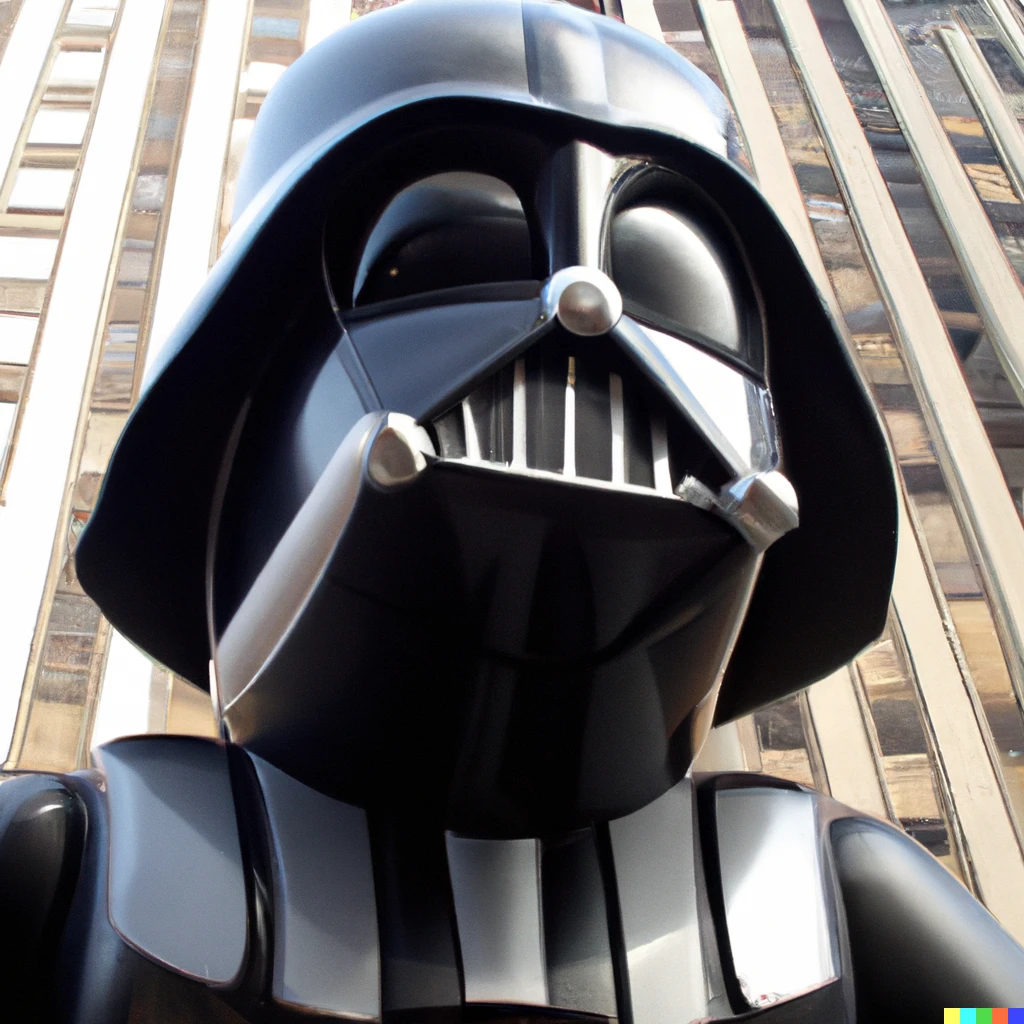 Prompt: a color photo of skyscraper-sized darth vader balloon float in the macy's thanksgiving day parade