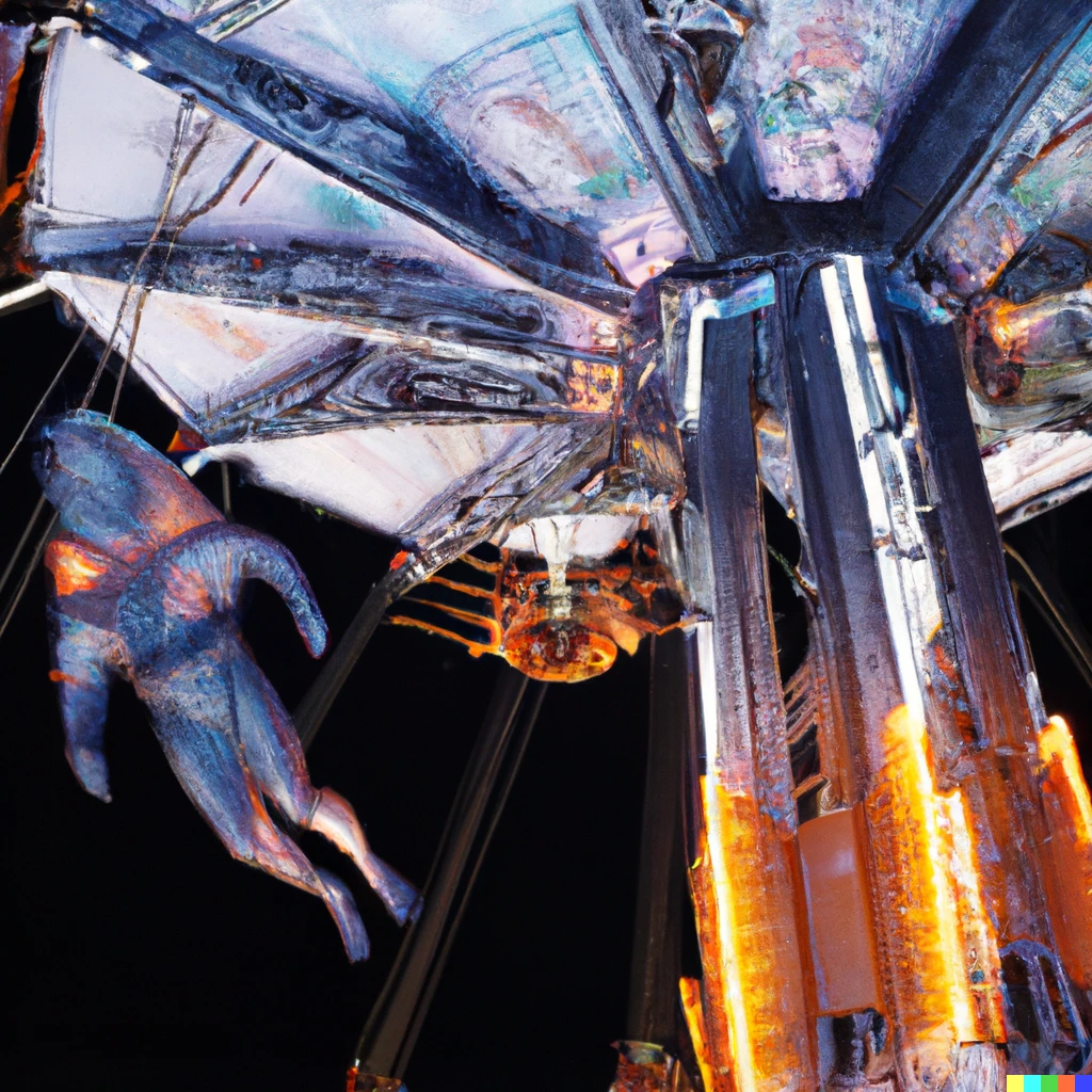 Prompt: color photo of hr giger themed carousel carnival ride at night