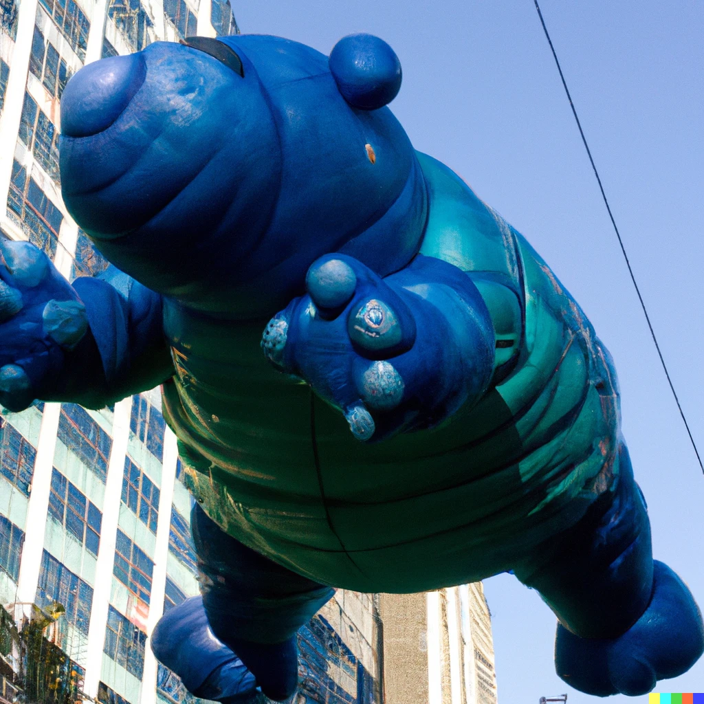 Prompt: a photo of a skyscraper-sized inflated tardigrade balloon float in the macy's thanksgiving parade