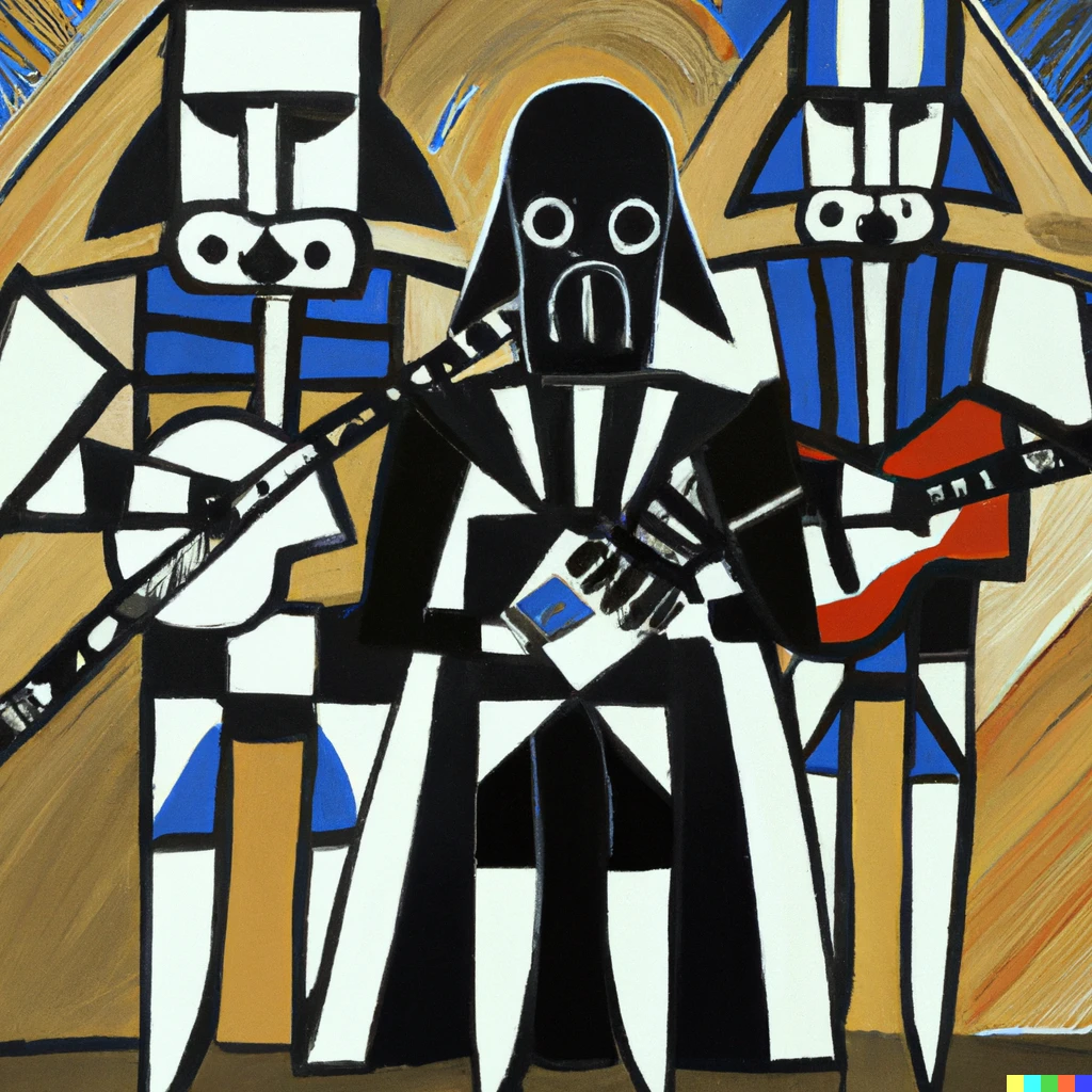 Prompt:  painting by picasso of darth vader and stormtroopers in the style of 3 musicians
