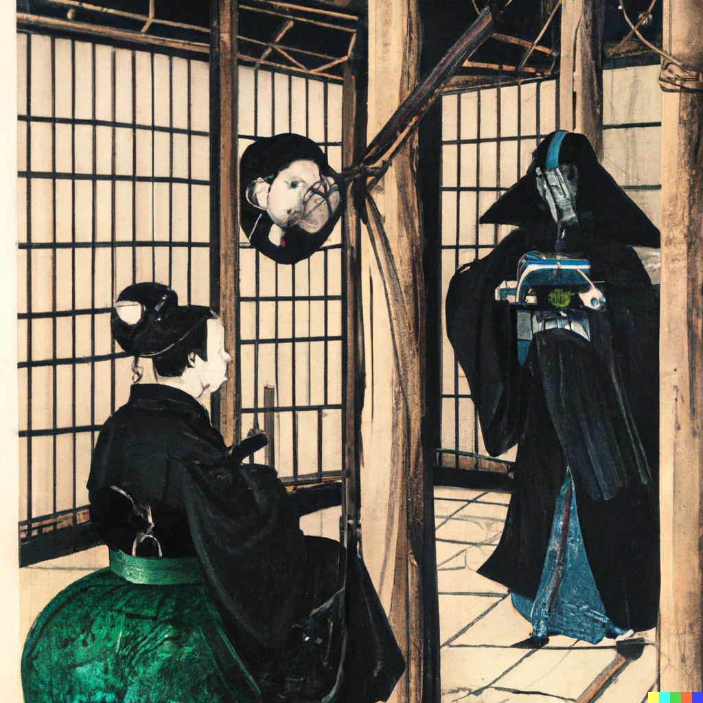 Prompt: ukiyo-e painting by hokusai of darth vader in black kabuto and mask interrogating princess leia in a prison cell
