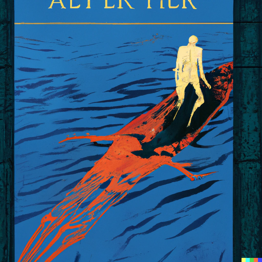 Prompt: art nouveau travel poster for the afterlife  river styx with a cloaked skeleton guiding his boat