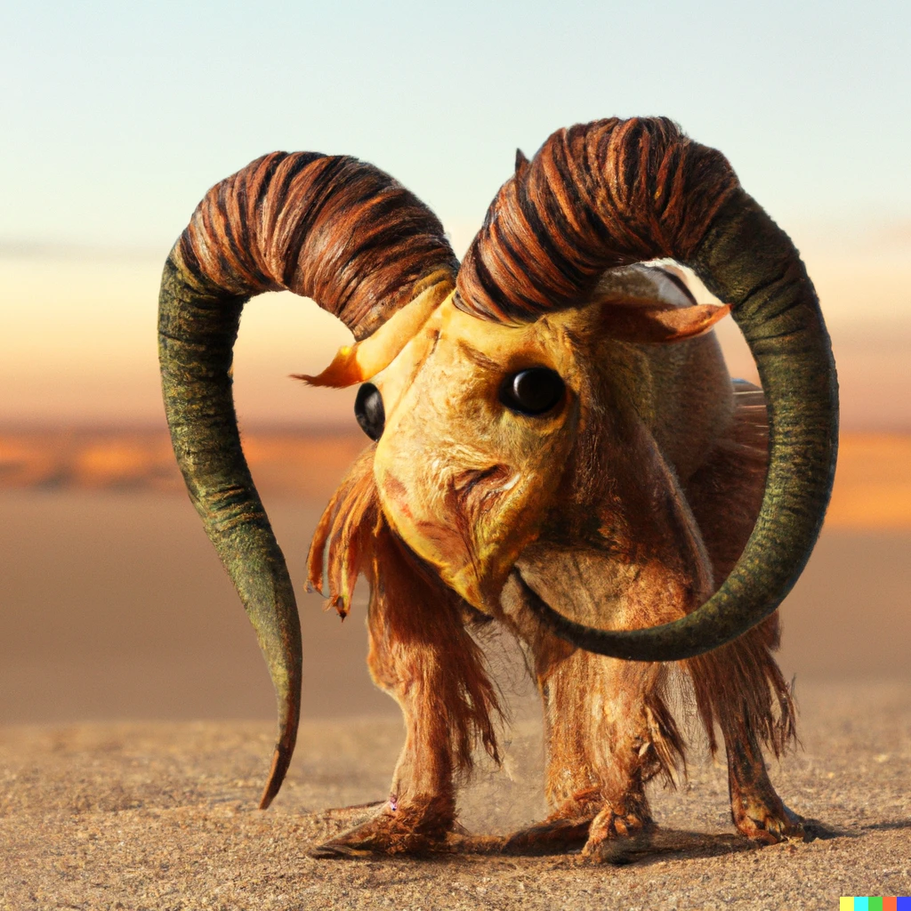 Prompt: photo of a shaggy  bantha alebrije with curled horns on a barren Saharan sand dune