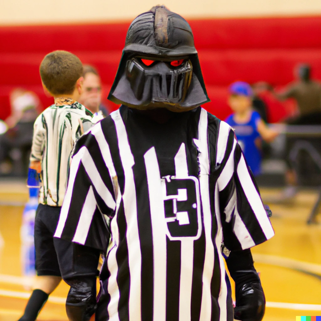 Prompt: photo of darth vader in a masked helmet and striped referee jersey at a kids’ basketball game, facing the camera