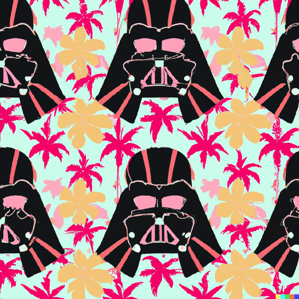Prompt: darth vader and hula themed hawaiian shirt fabric pattern