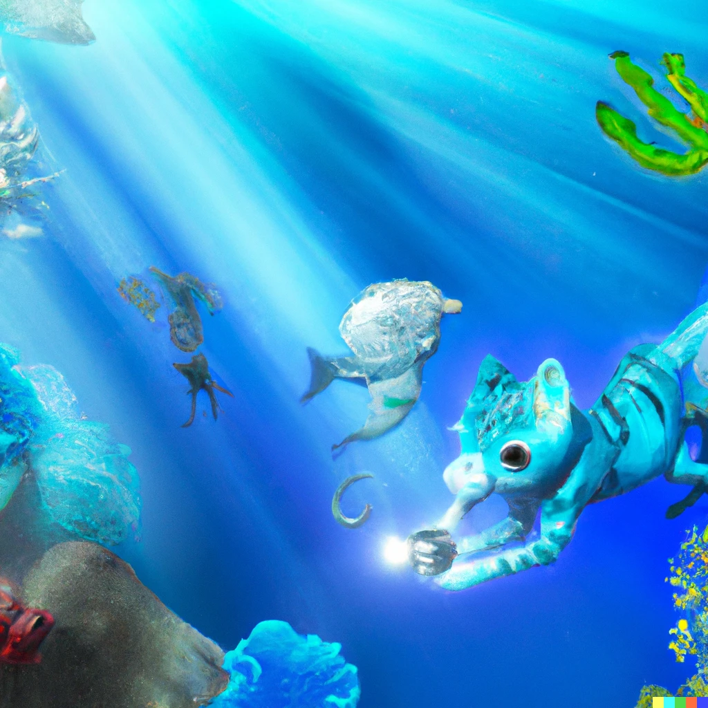 Prompt: A rendering of an alien cat in a space suit riding a seahorse underwater in a warm-blue tropical sea in the middle of a coral garden. In one hand he holds a camera. Small air bubbles rise from its mouth to the surface of the water. Sunbeams can be seen in the blue water. Manta rays and other tropical fish swim in the background. In the background we see the water surface from below, on it we can