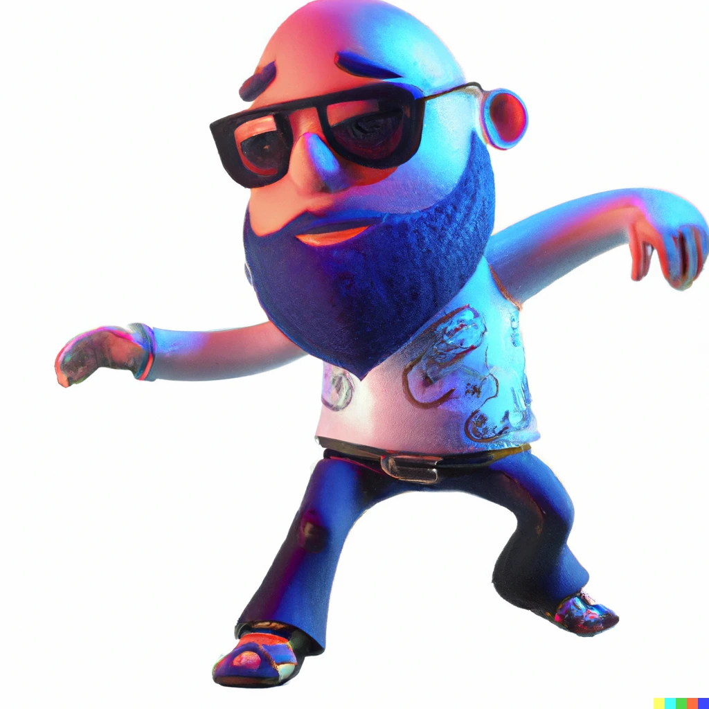 Prompt: Calvo con barba bailando reggaeton en una disco de pachanga 3d pixar