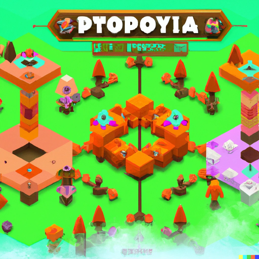 Prompt: a game of polytopia, the bright and cartoony voxel turn based strategy mobile game ui, three tribes are visible and the rest of the map is hidden by the fog of war low-poly voxel adventure game polytopia