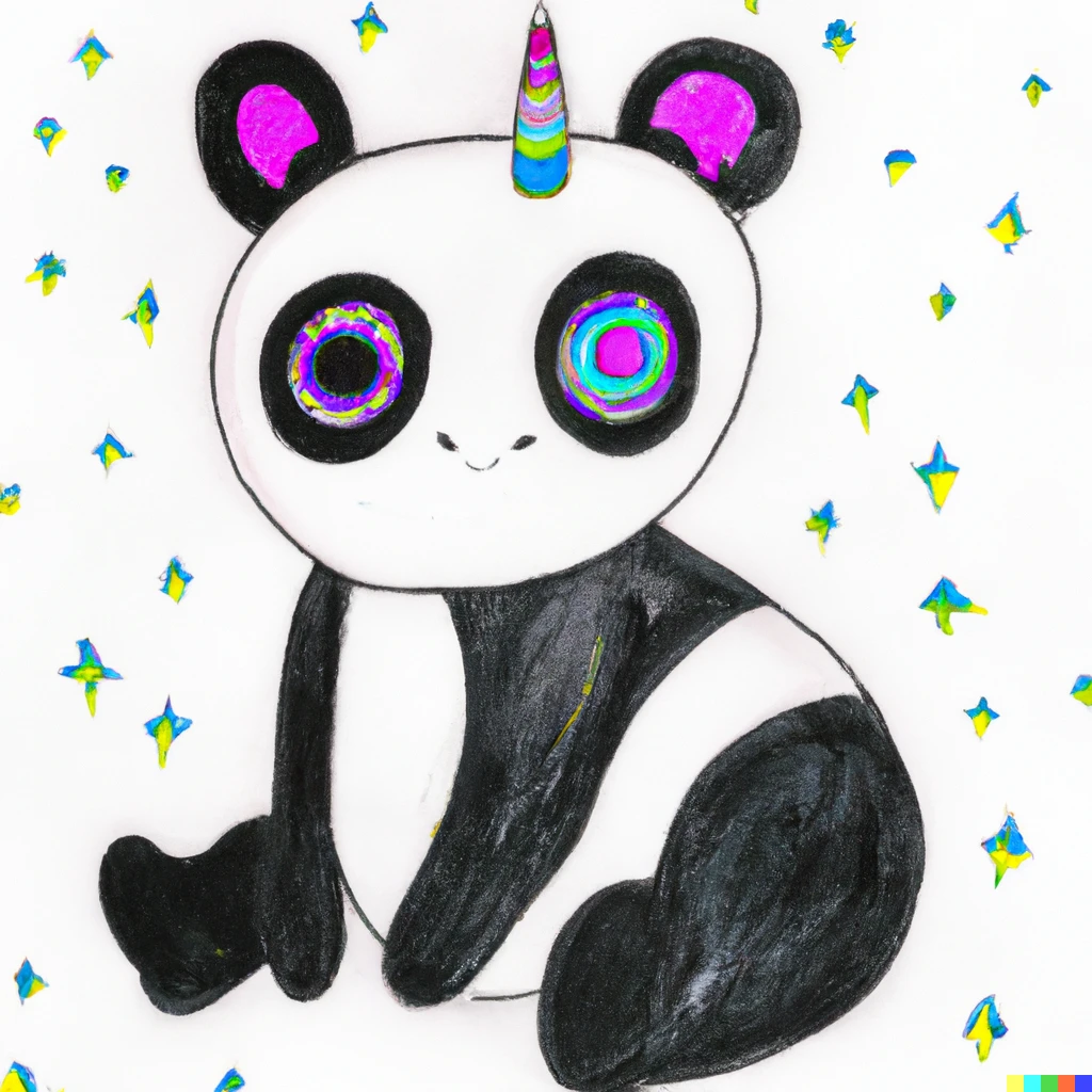 Prompt: a childish drawing in marker of a black and white panda with a very round shape sitting on its bum its hind legs are sticking out to the side and its arms on its belly it has big anime eyes and a tiny nose and smile. it has a unicorn horn with sparkles colored in blue, yellow and pink stripes. the panda also has fluffy pink stylized angel wings on its back, visible on either side.