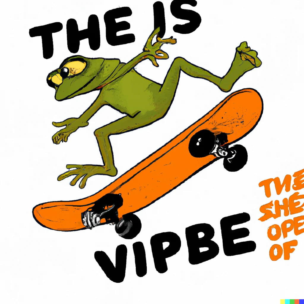 Prompt: kermit the frog doing a kick flip on an orange skateboard with yellow graphic cartoonish text that reads "the vibe is" above and "in shambles"  below against a white background digital art