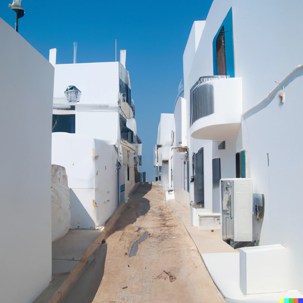 Prompt: Narrow street, white walls, sea line on a sunny day picture