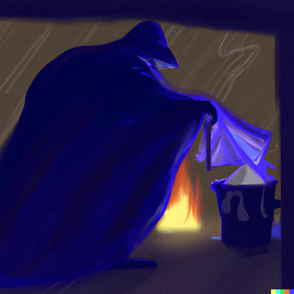 Prompt: A dementor doing his job in a corner at night with a burning fire 