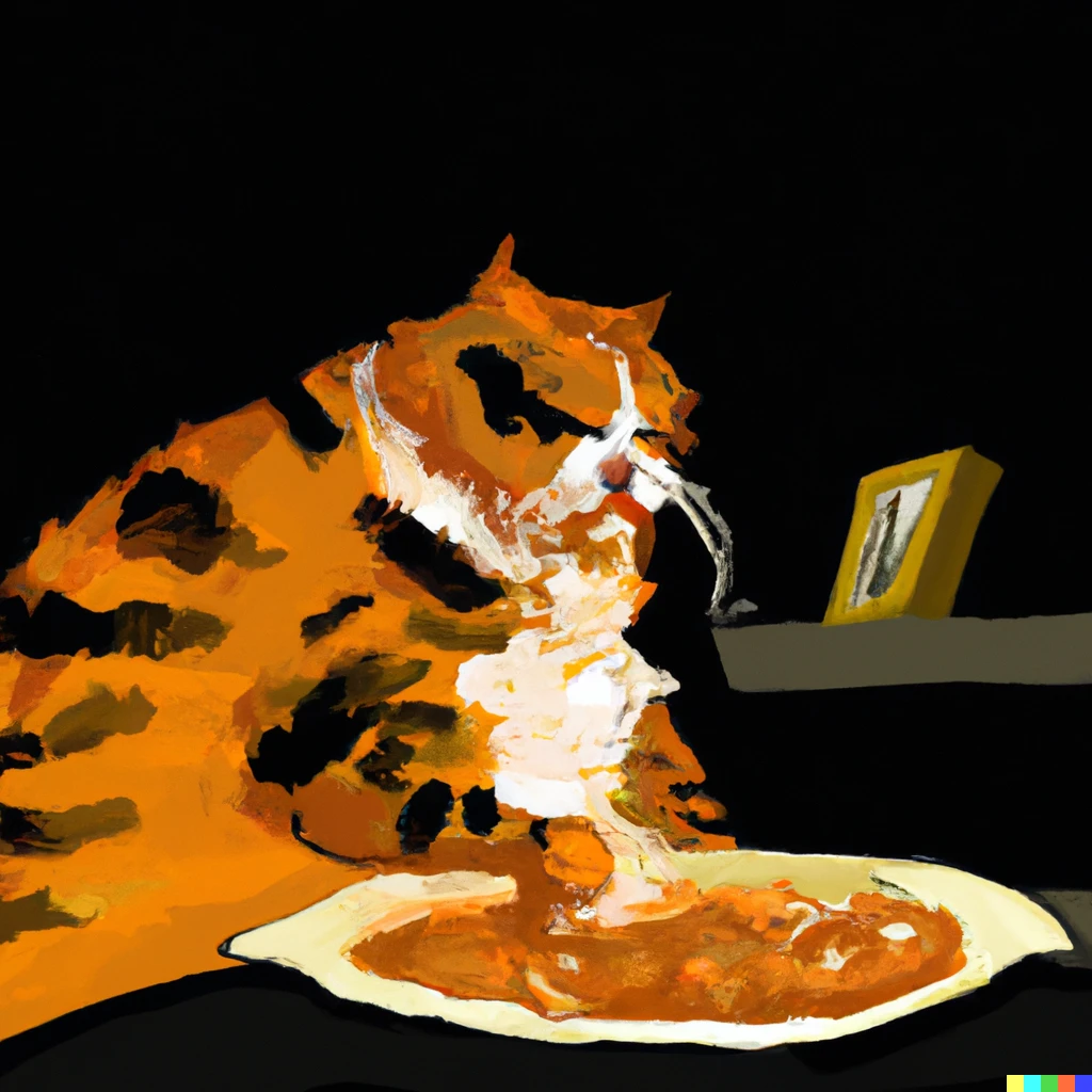 Prompt: a fat orange cat eating lasagna in the style of Francisco Goya's Black Paintings