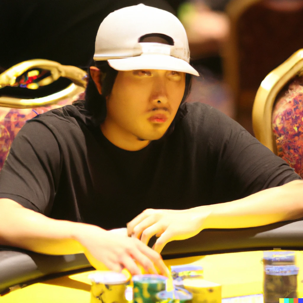 Prompt: Daigo Umehara playing poker at Mandalay Bay.