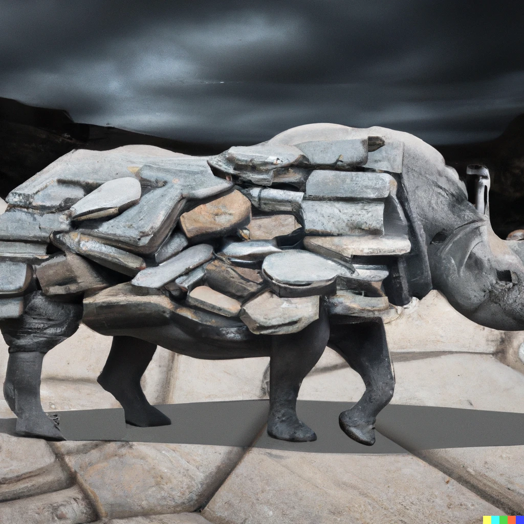 Prompt: A rhino covered in shale slabs. At the back, on the sides and all around. Fantasy art