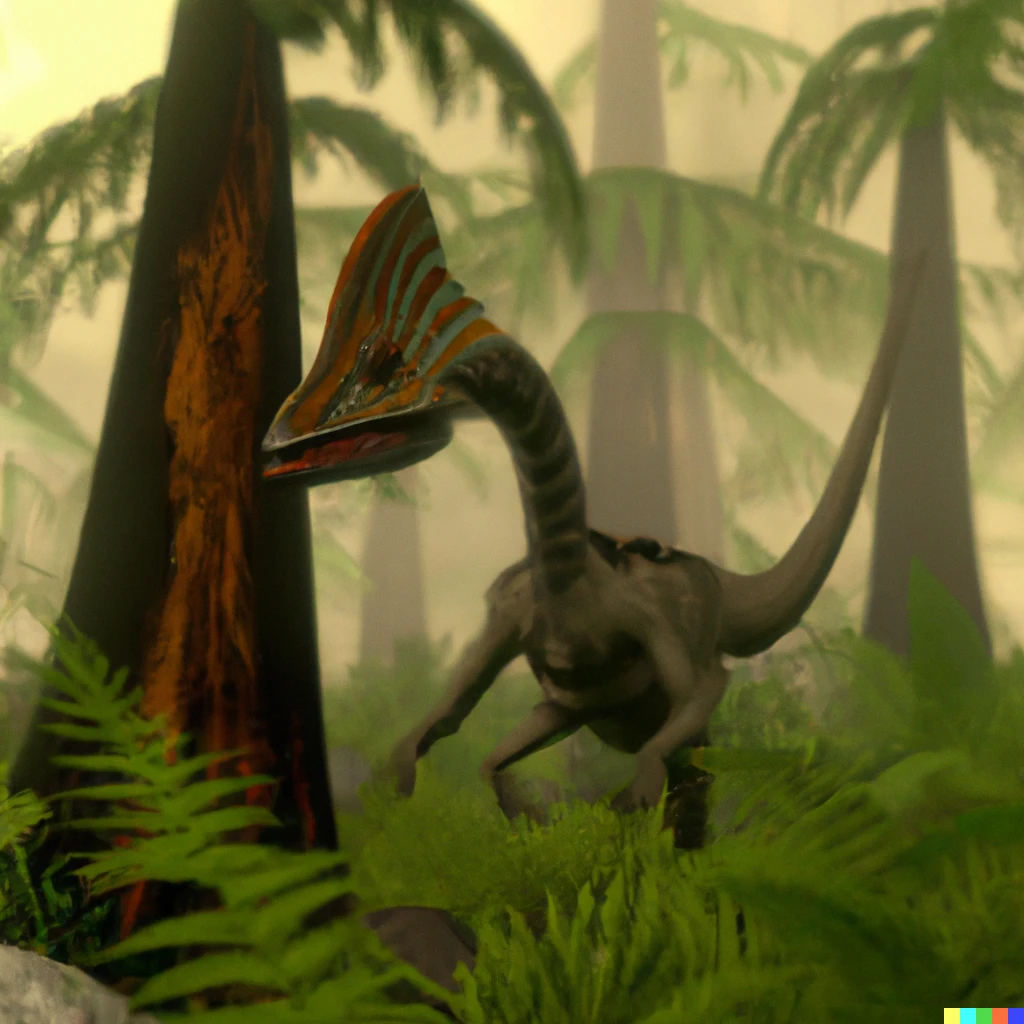 Prompt: a dinosaur with six legs, trending in artstation, 8k, with a background of a jungle