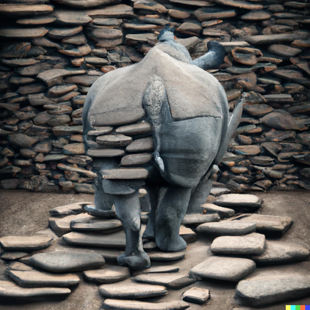 Prompt: A rhino covered in shale slabs. At the back, on the sides and all around. Fantasy art