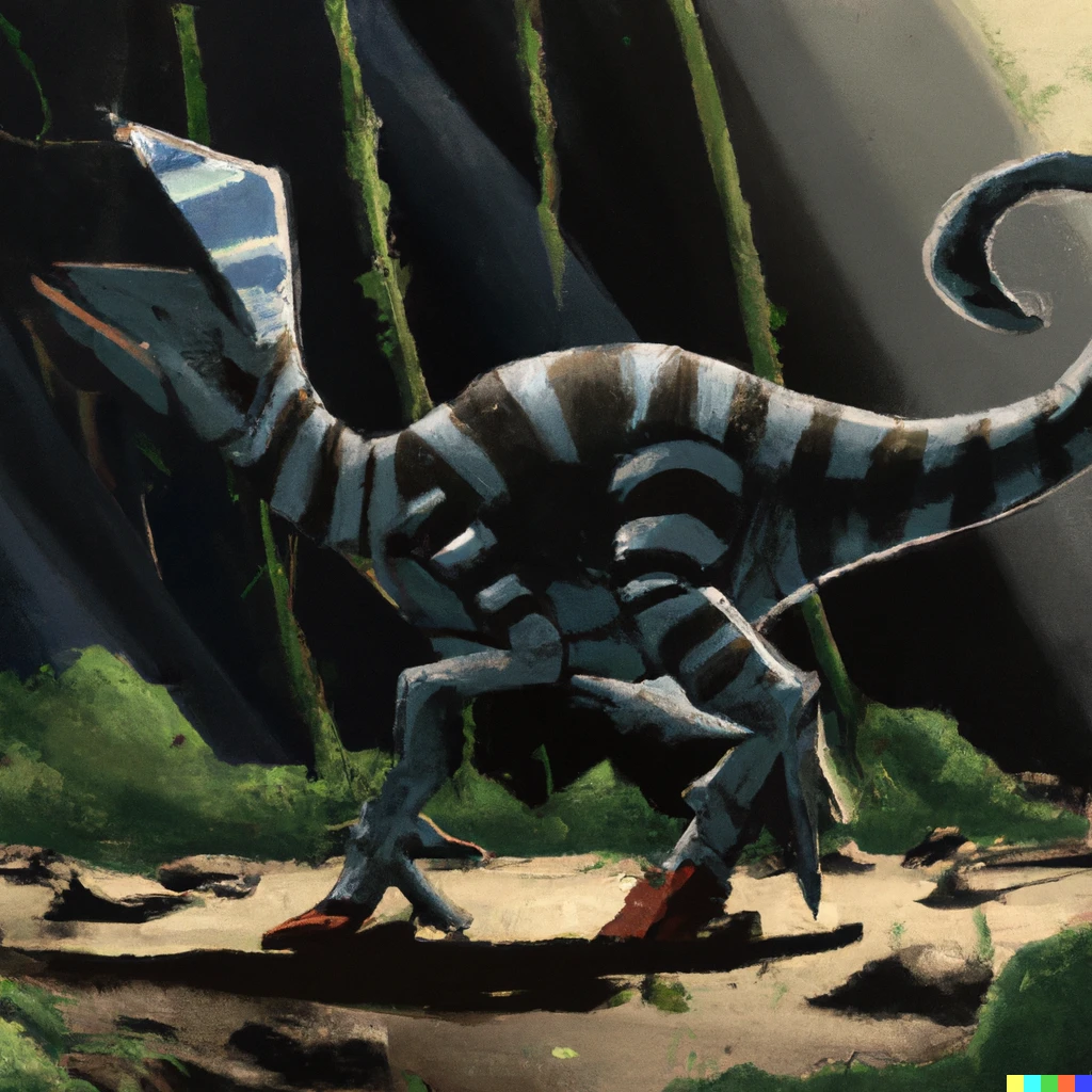 Prompt: a dinosaur with six legs, trending in artstation, 8k, with a background of a jungle