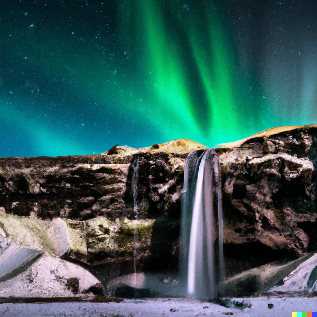 Prompt: Northern lights shining above the Seljalandsfoss waterfall and a volcano eruption in snow covered Iceland