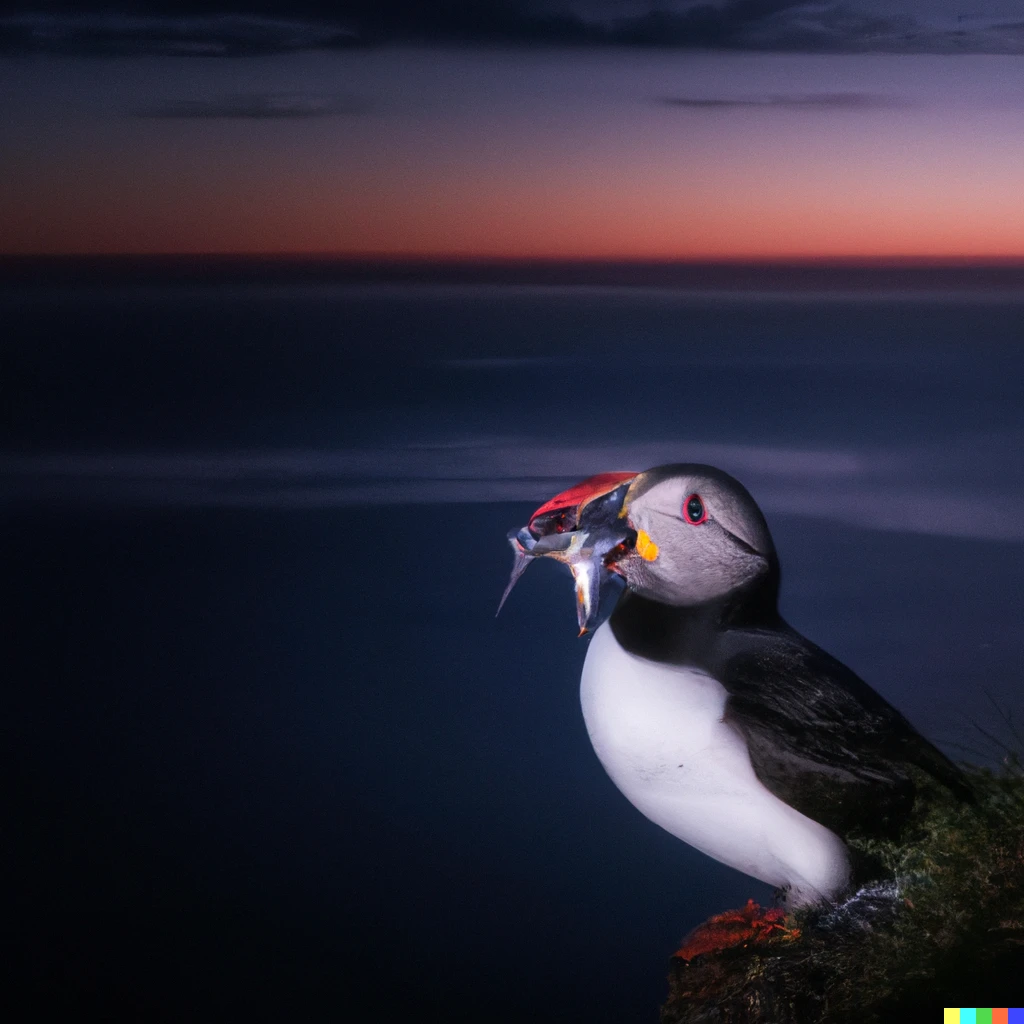 Prompt: A puffin with fish in its mouth sitting on a cliff in Iceland with the midnight sun just below horizon and northern lights above