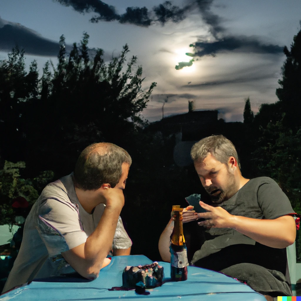 Prompt: A photo of two men sitting in a garden drinking beer and loading an analog camera with film while the moon shines in the background and a thunderstorm is aproaching