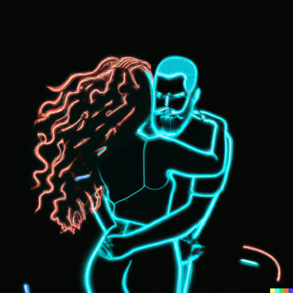 Prompt: a futuristic neon of a curly haired redheaded woman Lovingly embracing at a light brown-haired man with a full beard”