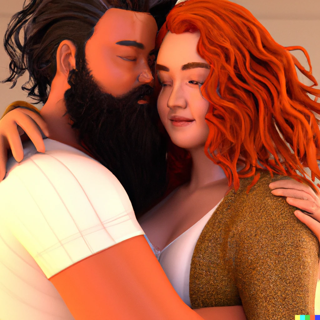 Prompt: 3d render of a curly haired redheaded woman Lovingly embracing at a light brown haired man with a full beard”