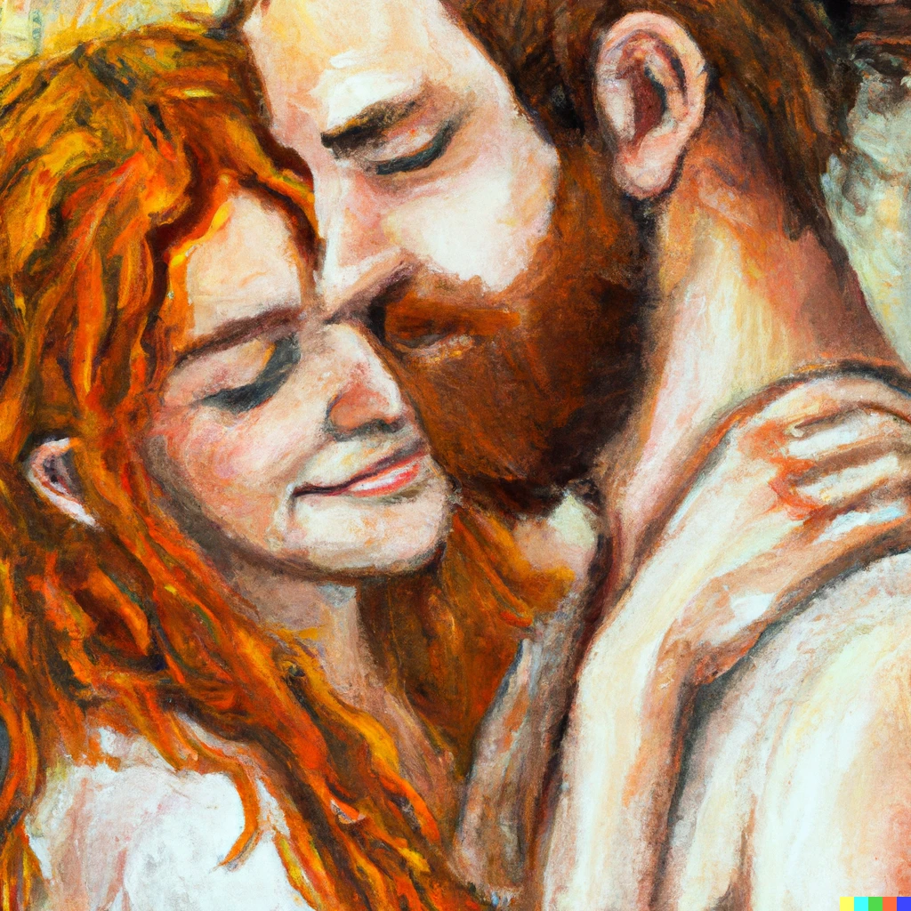 Prompt: oil painting of a curly haired redheaded woman Lovingly embracing at a light brown haired man with a full beard