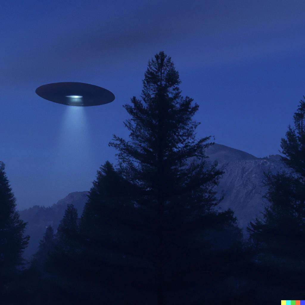 Prompt: A high quality render of a suspicious UFO over evergreen trees in front of a mountain at night