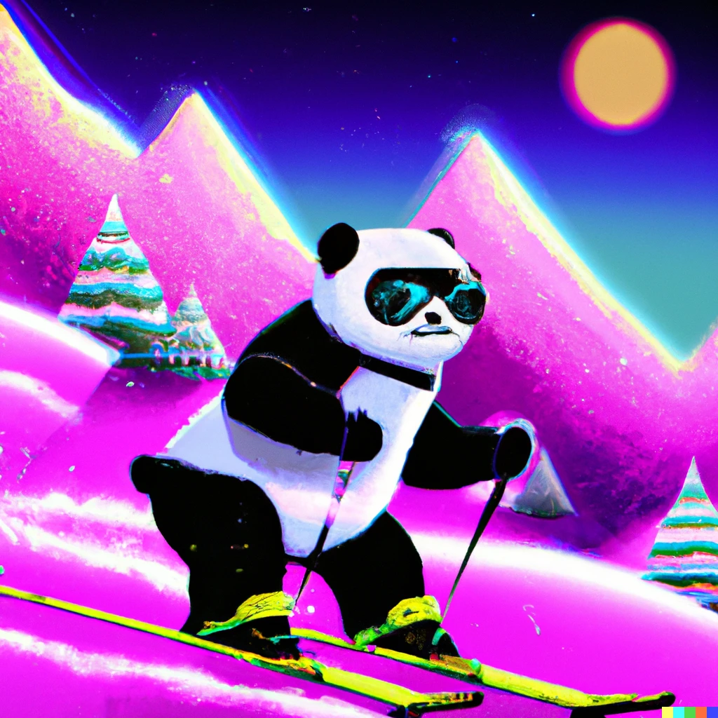 Prompt: panda skiing down a mountain, synthwave