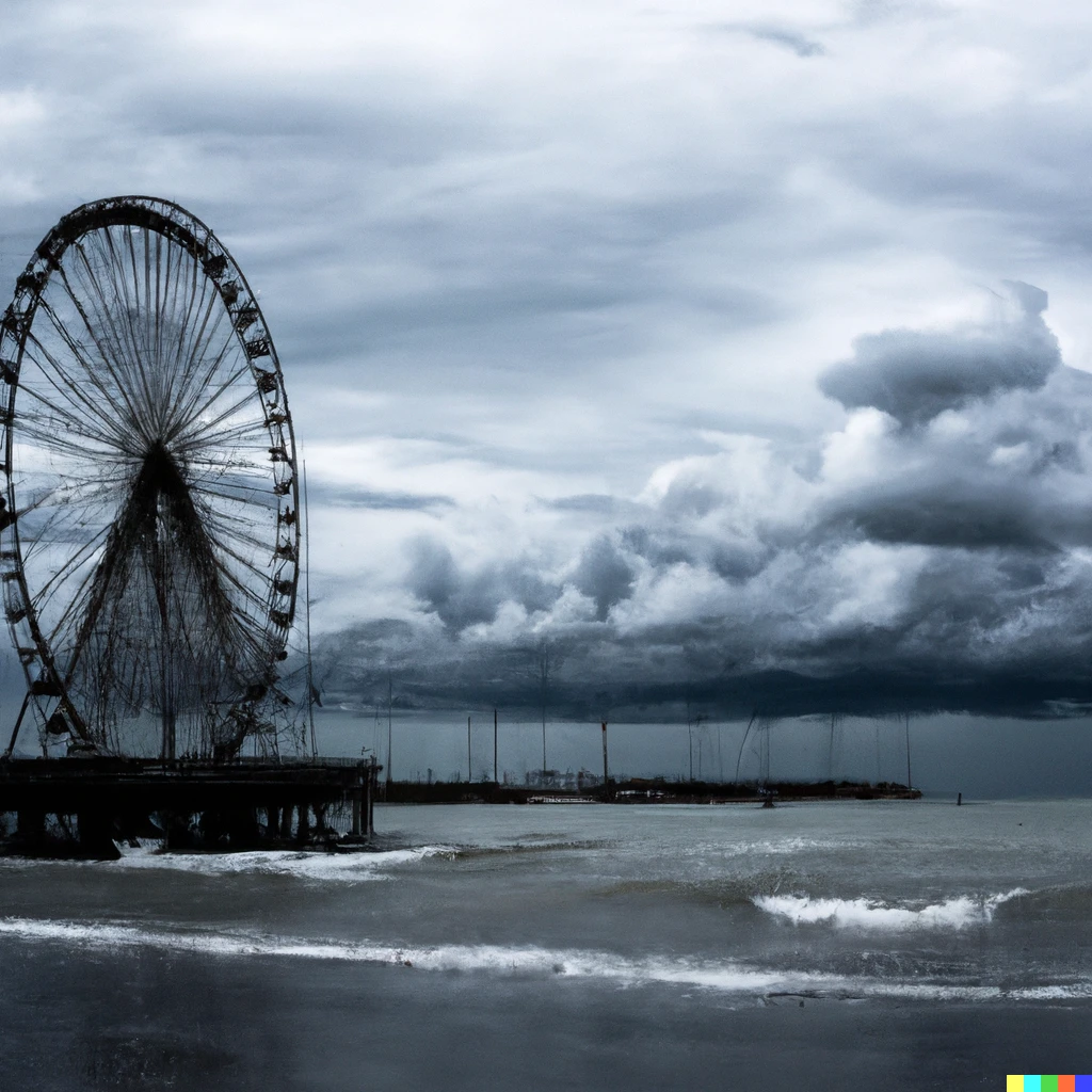 Prompt: A Ferris wheel in the sea on a stormy day 