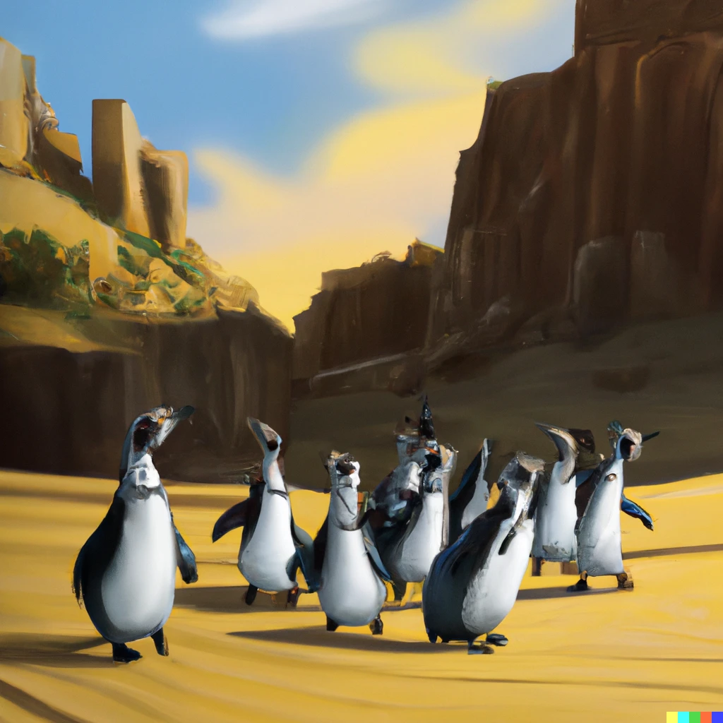 Prompt: Penguins partying in middle of a African desert, post-impressionist, digital art