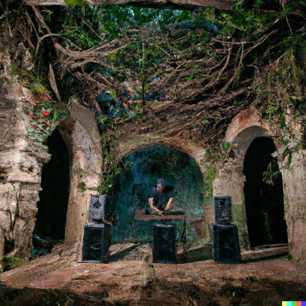 Prompt: A DJ set nestled in a fantastic and beautiful ruin