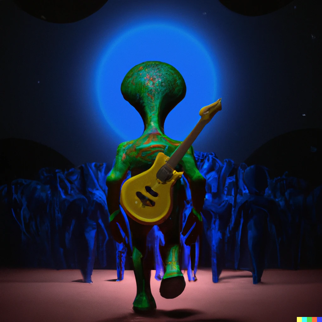 Prompt: an extraterrestrial guitarist leaves the stage exhausted after a concert on the planet Venus. In the background the crowd is happy with his performance