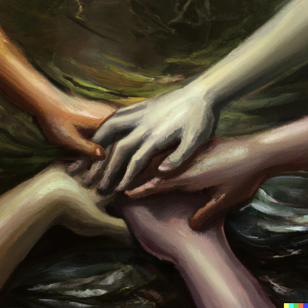 Prompt: The hands of the many must join as one cross the river hyper-realistic, digital art